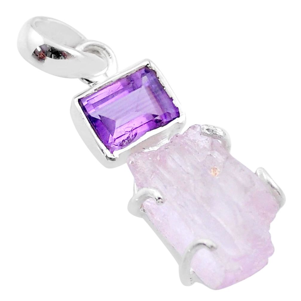 925 sterling silver 14.07cts natural pink kunzite raw amethyst pendant t48003