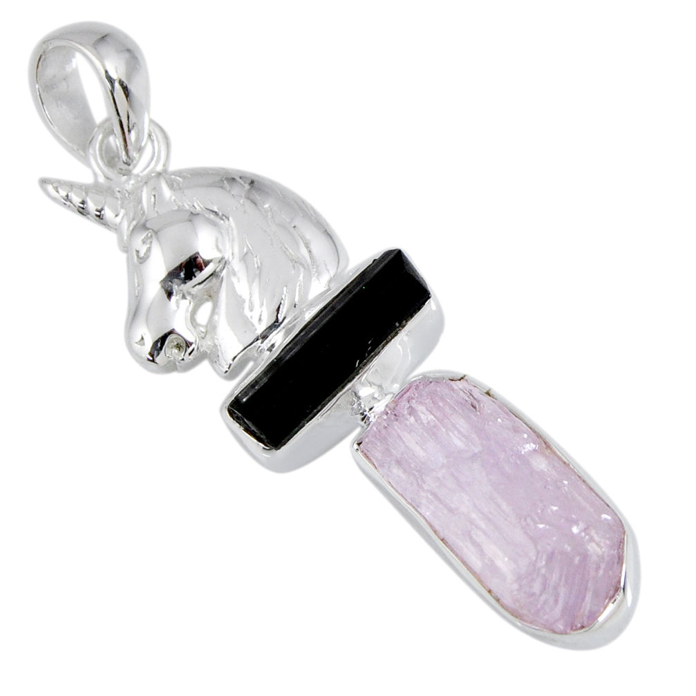 925 sterling silver 12.00cts natural pink kunzite rough horse pendant r55532