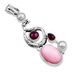 925 sterling silver 9.72cts natural pink opal garnet pearl snake pendant n25748