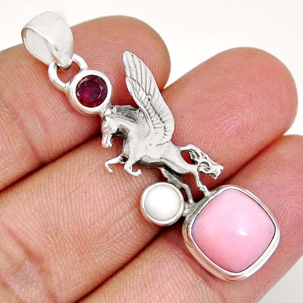 925 sterling silver 5.79cts natural pink opal garnet pearl unicorn pendant y7113
