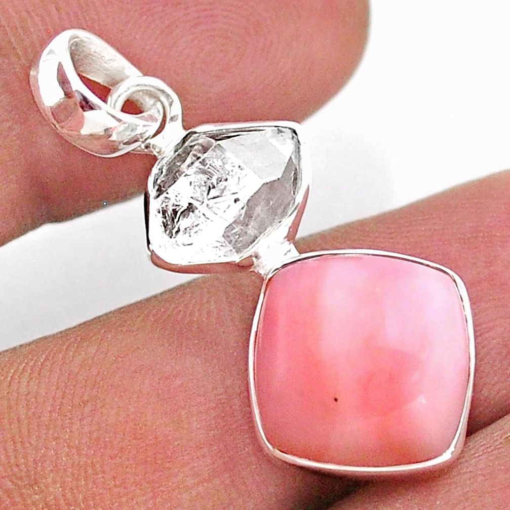 925 sterling silver 9.77cts natural pink opal herkimer diamond pendant t49096