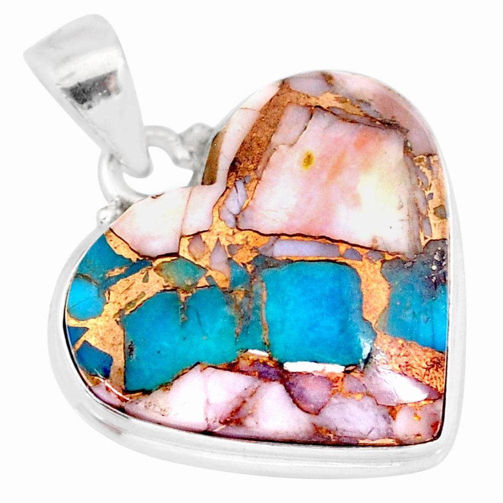 925 sterling silver 15.65cts natural pink opal in turquoise heart pendant r83172