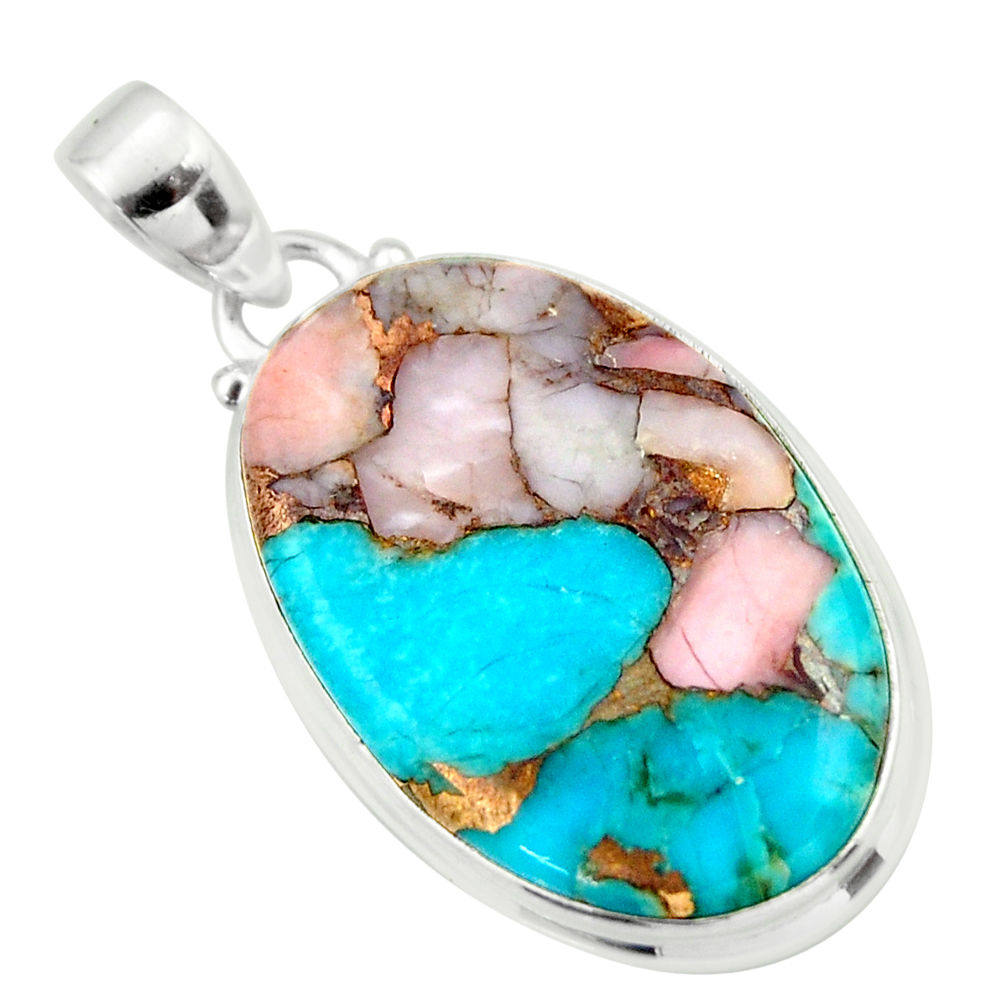 925 sterling silver 19.23cts natural pink opal in turquoise oval pendant r33810