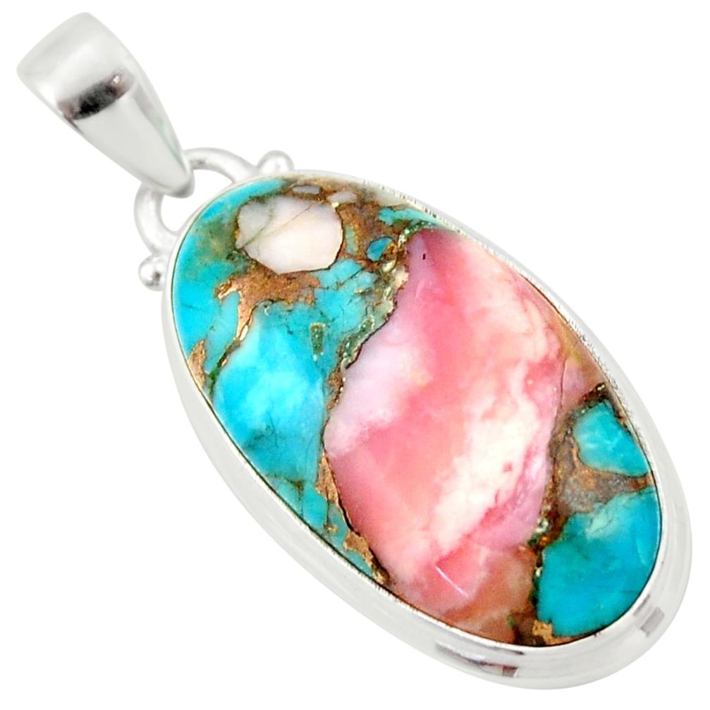 925 sterling silver 17.07cts natural pink opal in turquoise oval pendant r33819