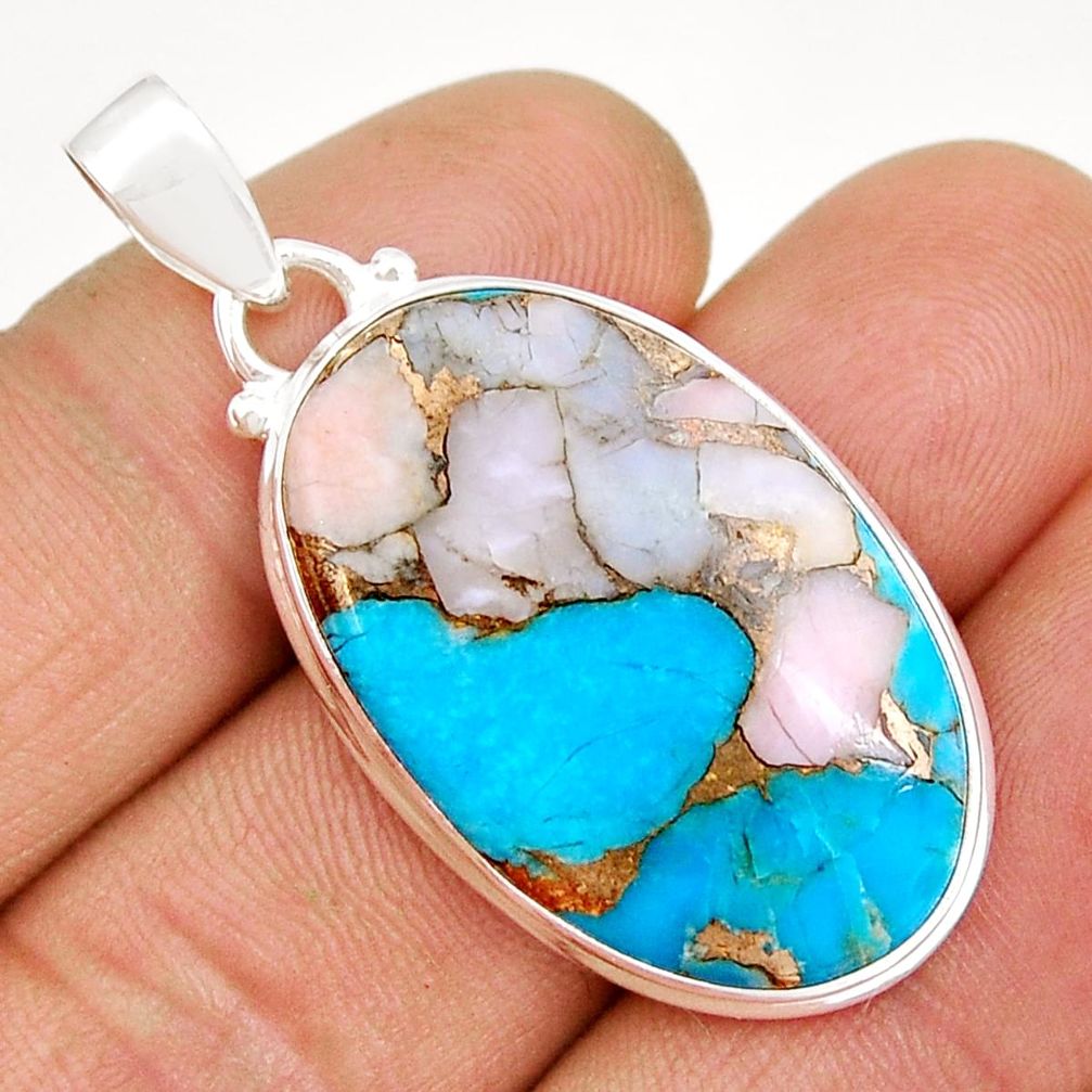 925 sterling silver 18.29cts natural pink opal in turquoise oval pendant y6023