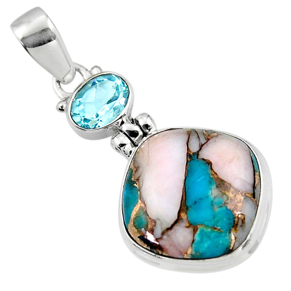 925 sterling silver 15.18cts natural pink opal in turquoise topaz pendant r47847