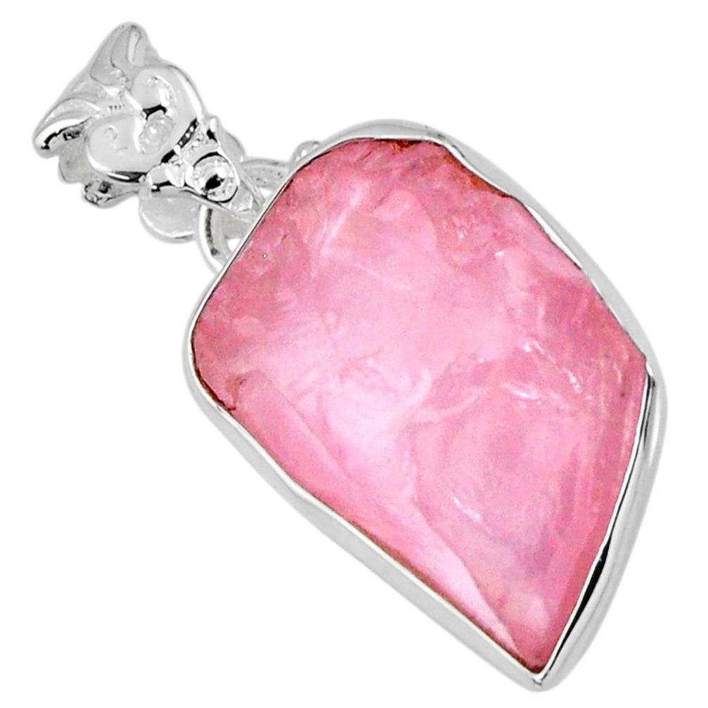 925 sterling silver 13.70cts natural pink rose quartz rough fancy pendant r56566