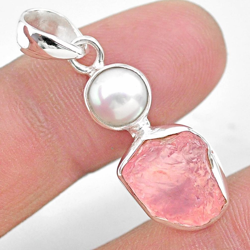 925 sterling silver 8.26cts natural pink rose quartz raw pearl pendant t25470