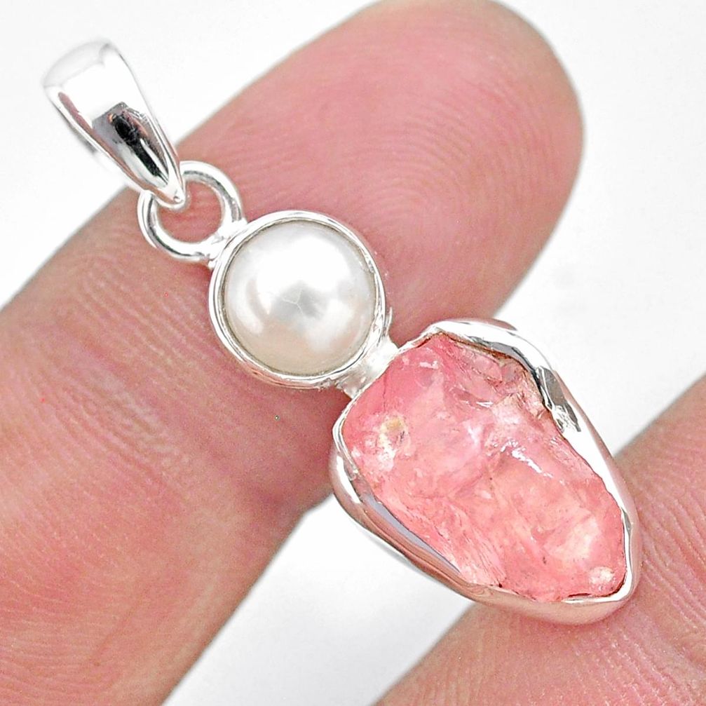 925 sterling silver 8.24cts natural pink rose quartz raw pearl pendant t25475