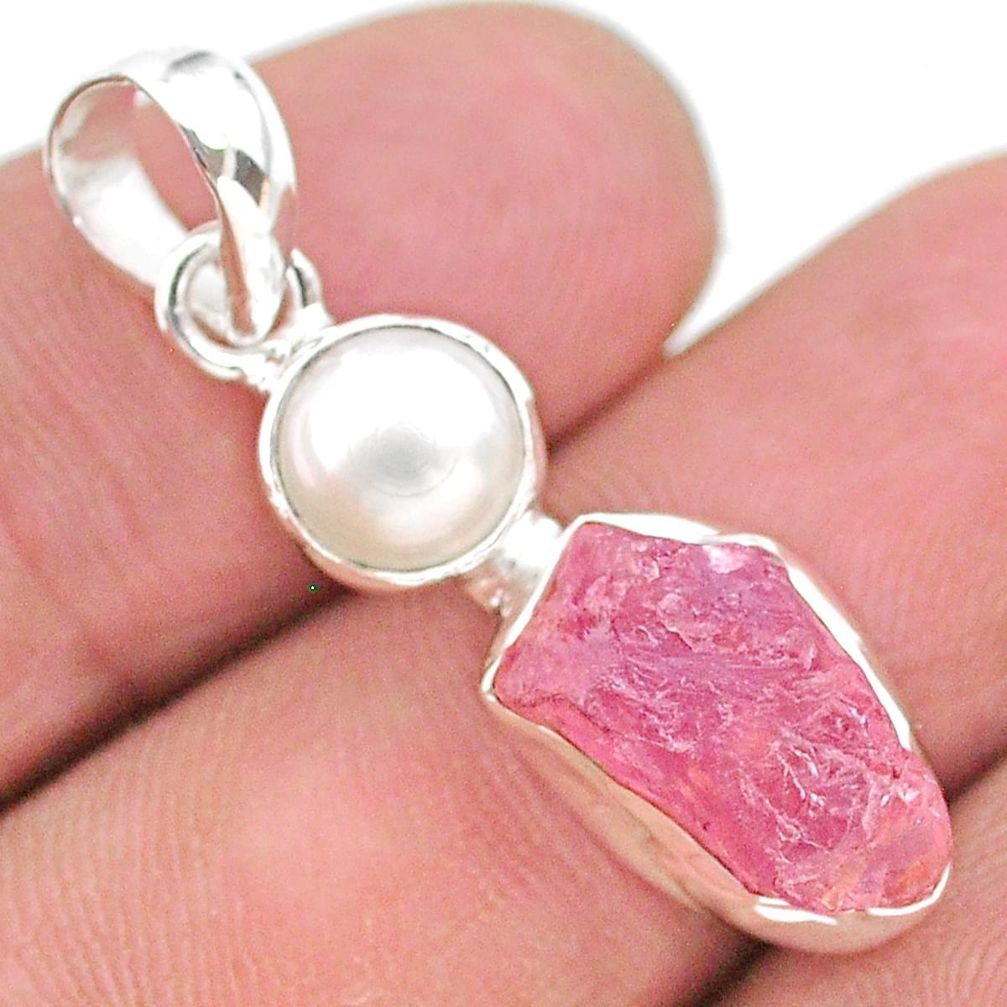 925 sterling silver 7.96cts natural pink rose quartz raw pearl pendant t25492