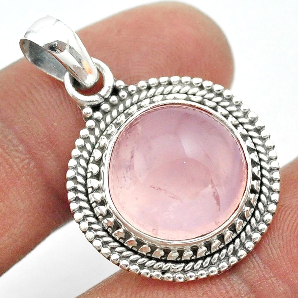 925 sterling silver 12.34cts natural pink rose quartz round pendant t53664