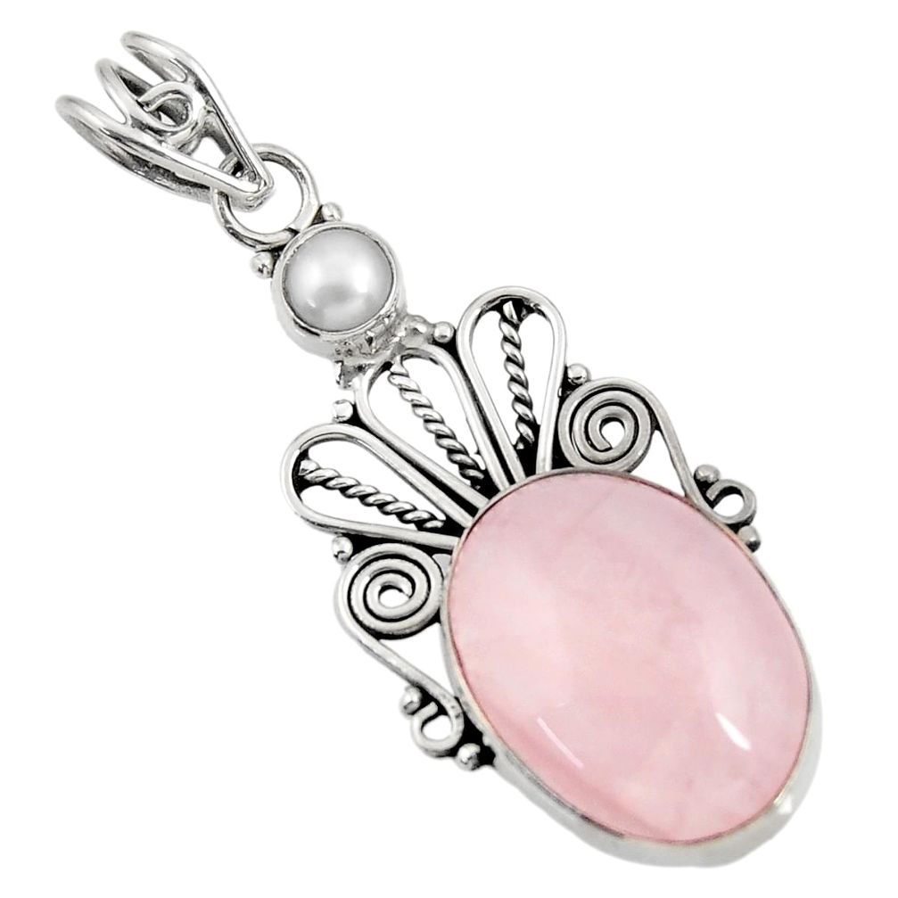 925 sterling silver 13.15cts natural pink rose quartz white pearl pendant d39419