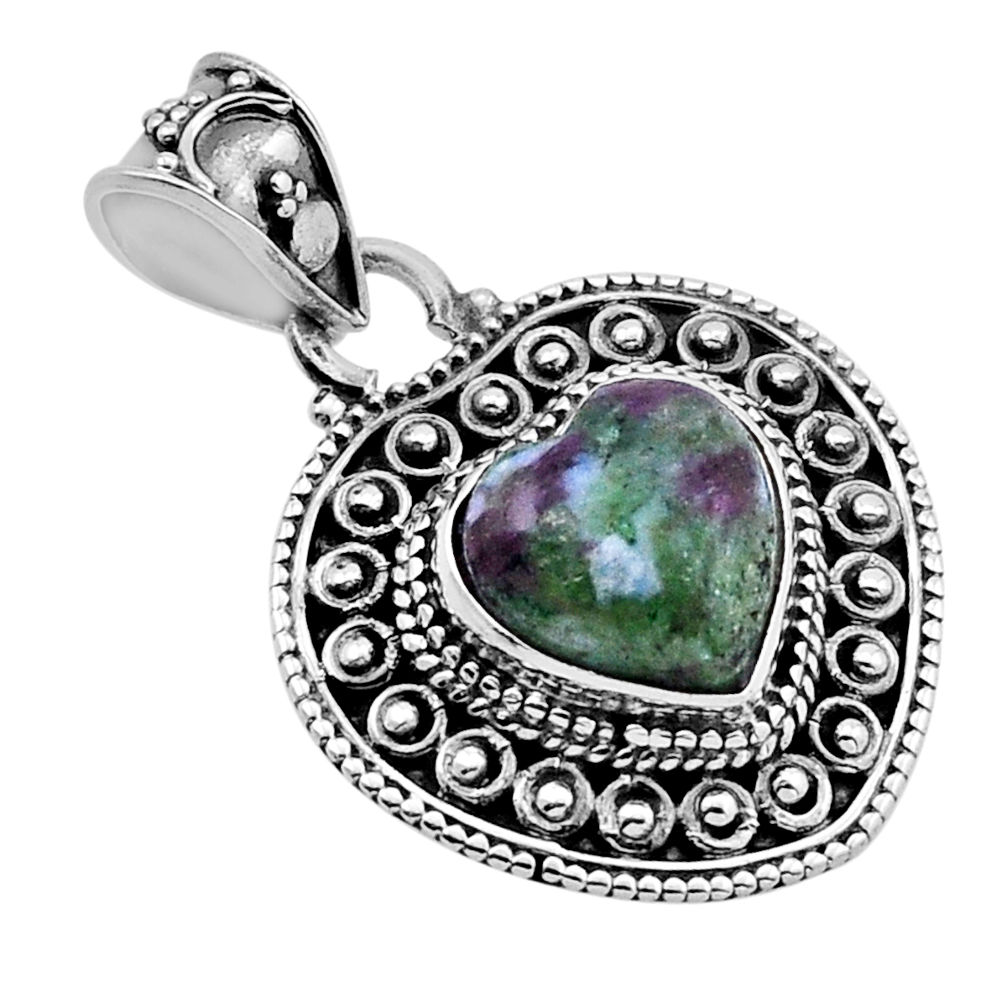925 sterling silver 5.02cts natural pink ruby in fuchsite heart pendant n51487