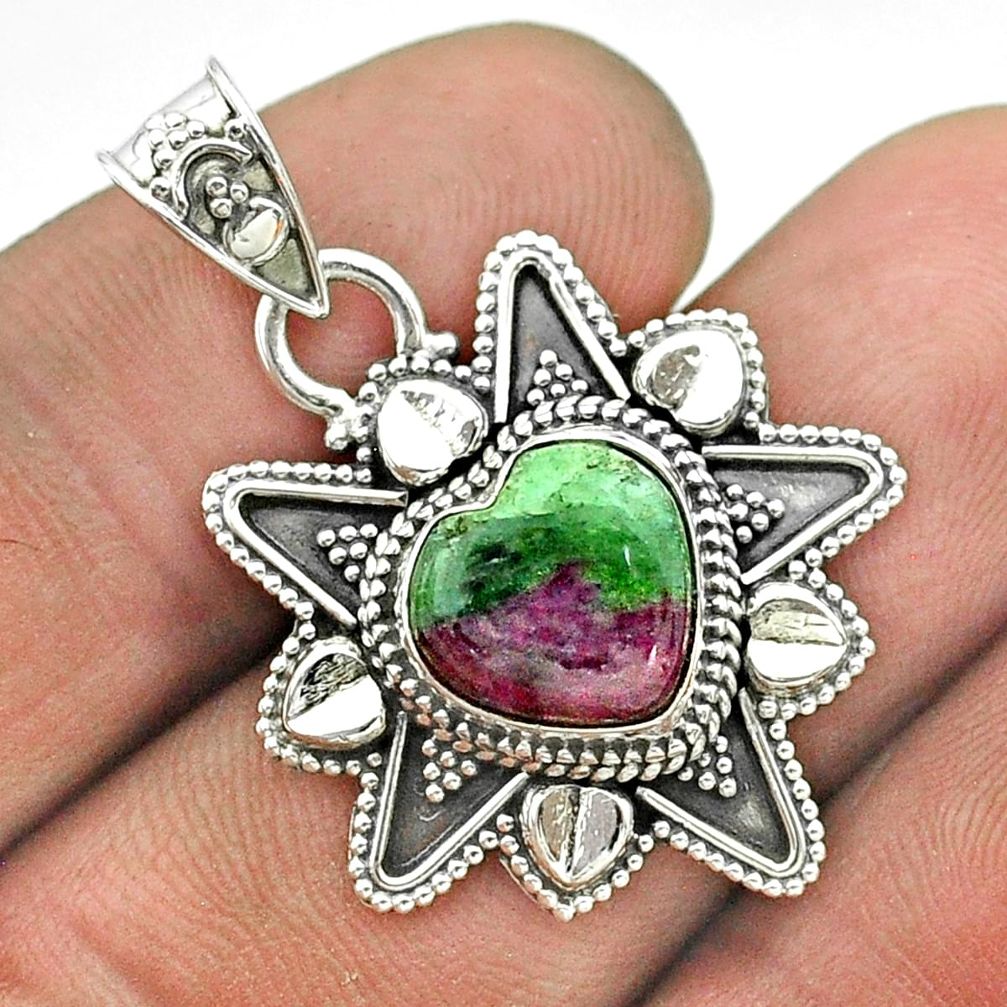 925 sterling silver 5.38cts natural pink ruby zoisite heart pendant t56078