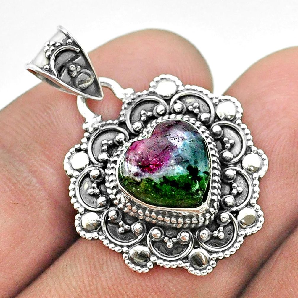 925 sterling silver 5.38cts natural pink ruby zoisite heart pendant t56110
