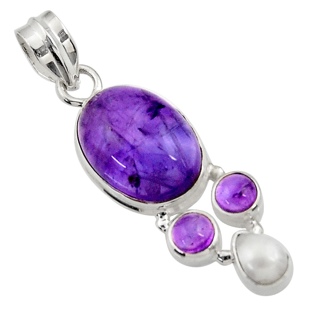 925 sterling silver 12.07cts natural purple amethyst white pearl pendant d43589