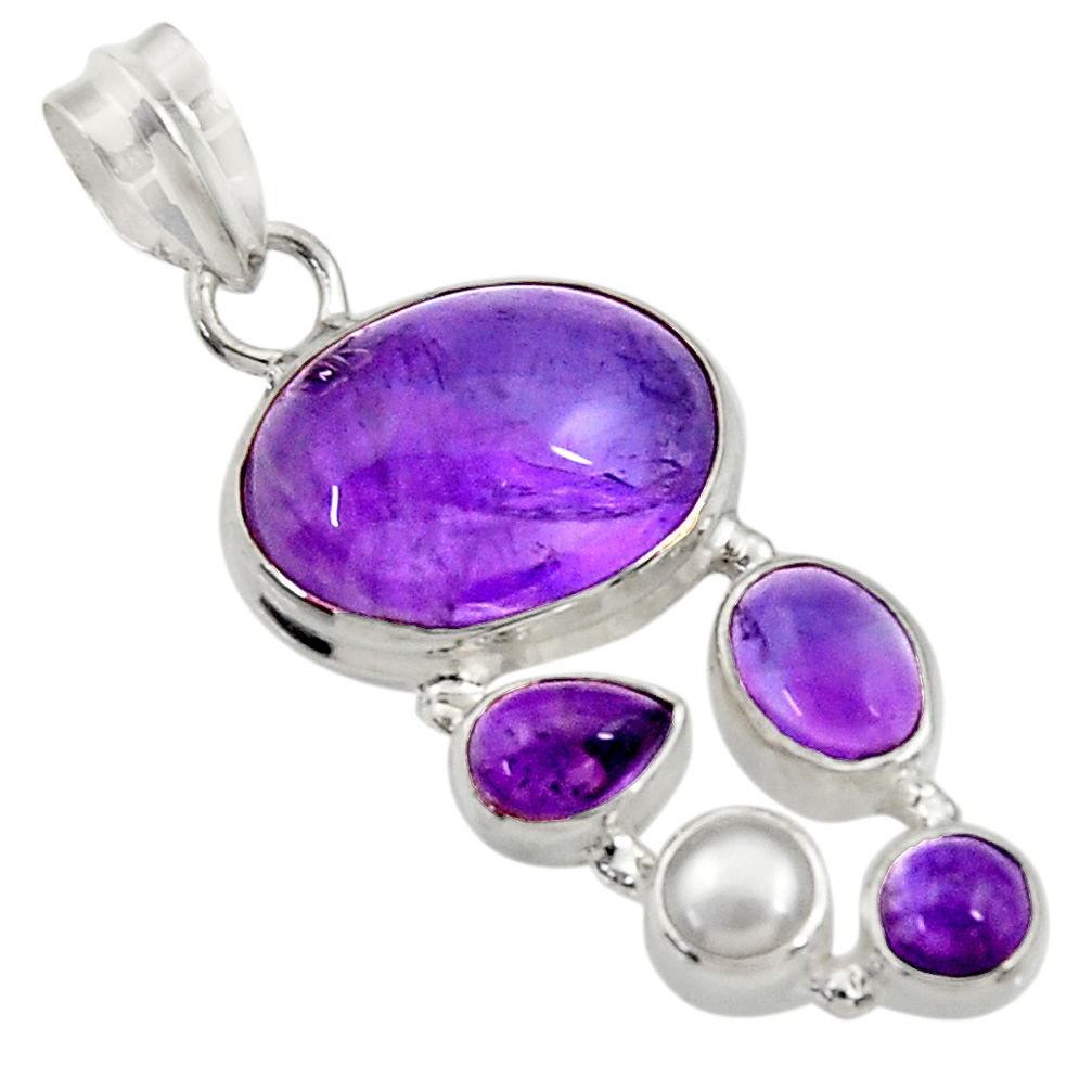 925 sterling silver 14.12cts natural purple amethyst white pearl pendant d43614