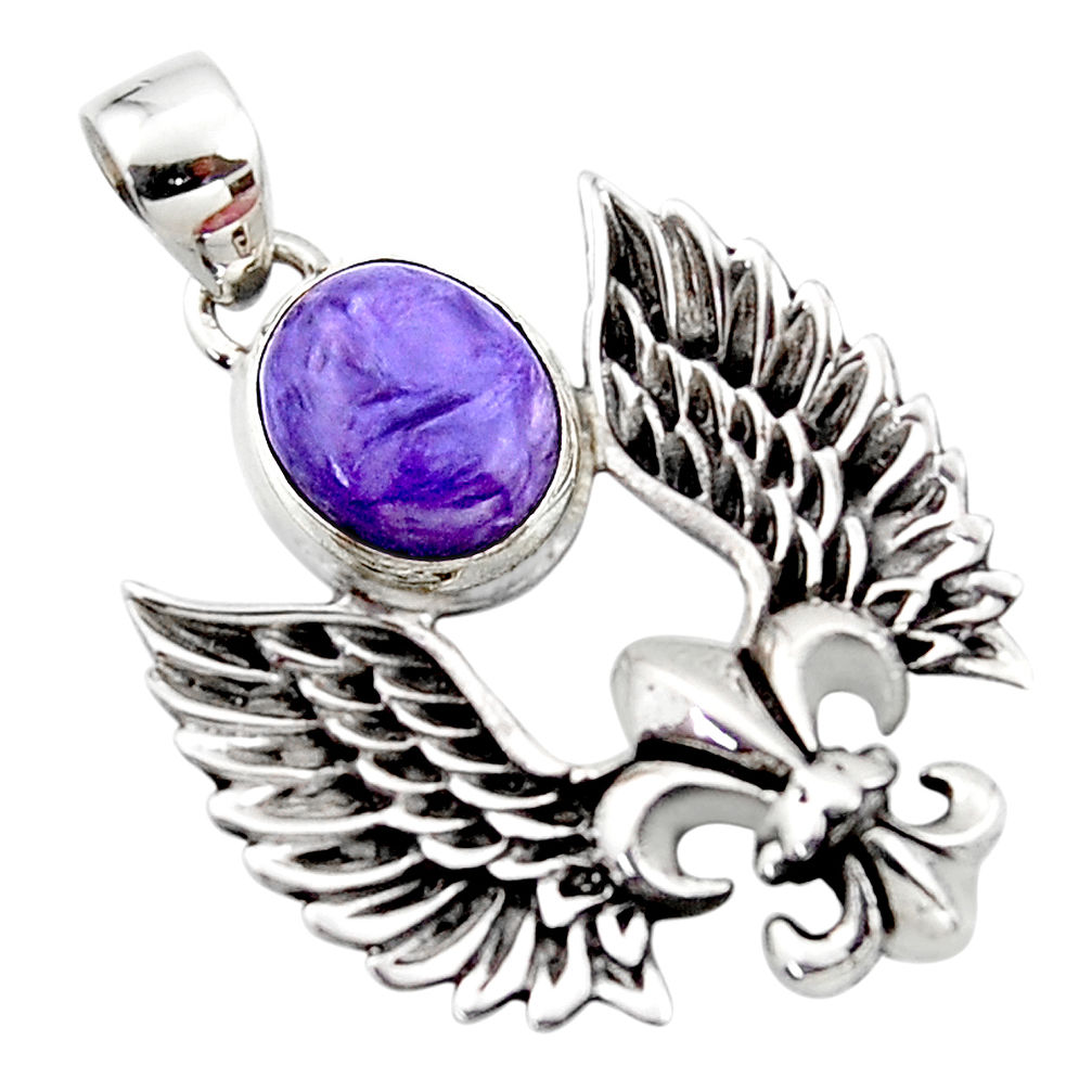 925 sterling silver 5.38cts natural purple charoite feather charm pendant r52866