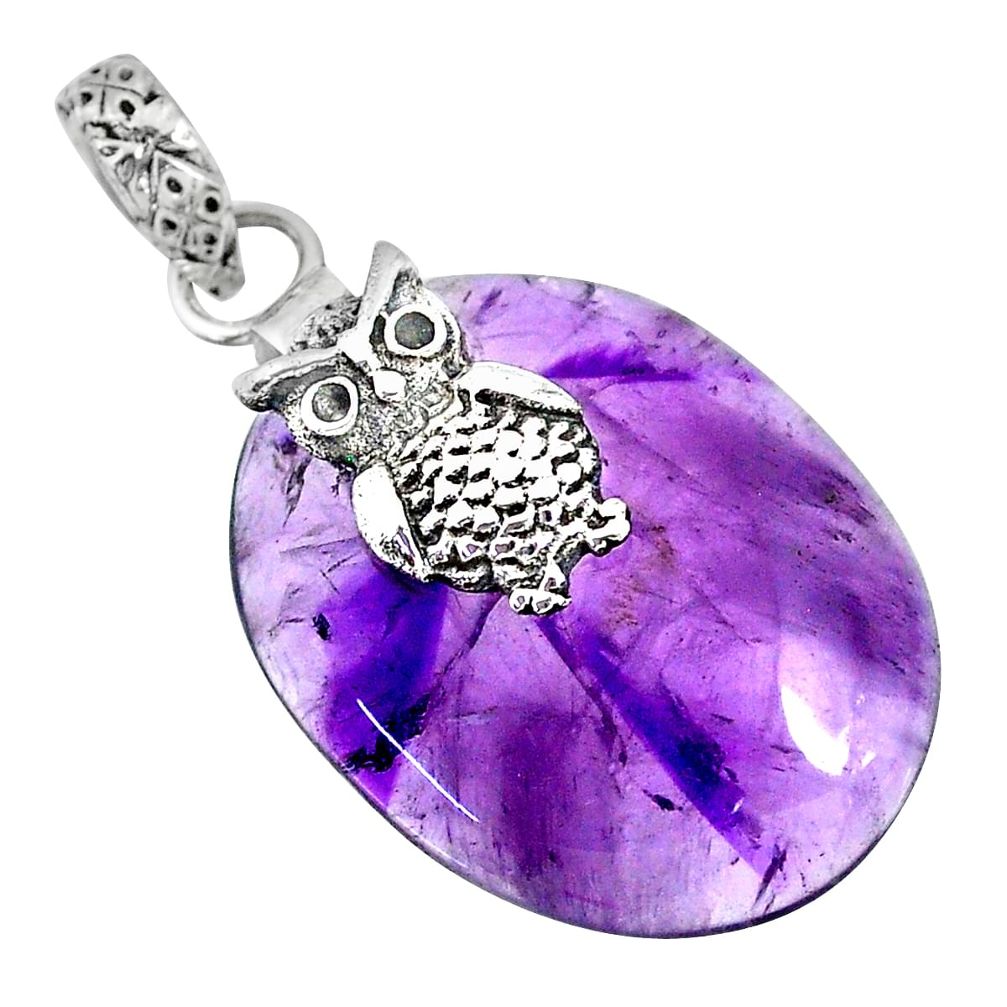 925 sterling silver 24.58cts natural purple star amethyst owl pendant r91377