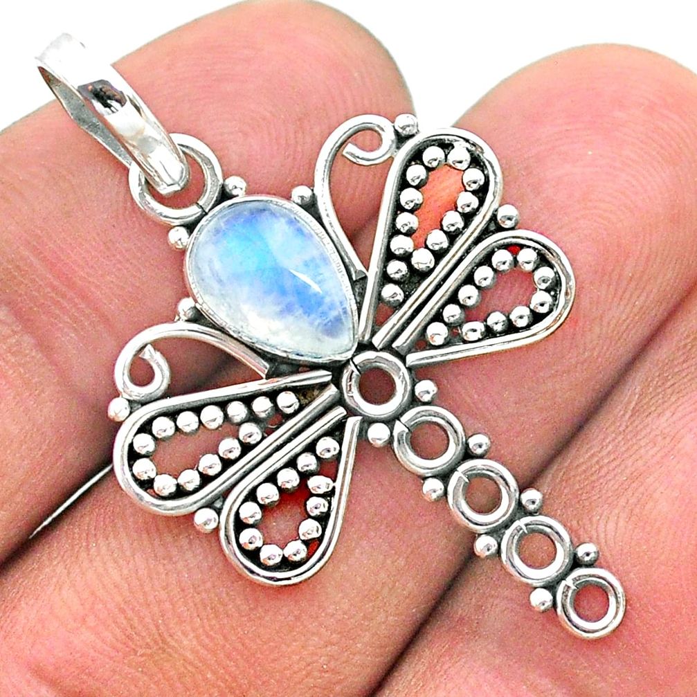 925 sterling silver 2.09cts natural rainbow moonstone dragonfly pendant t32920