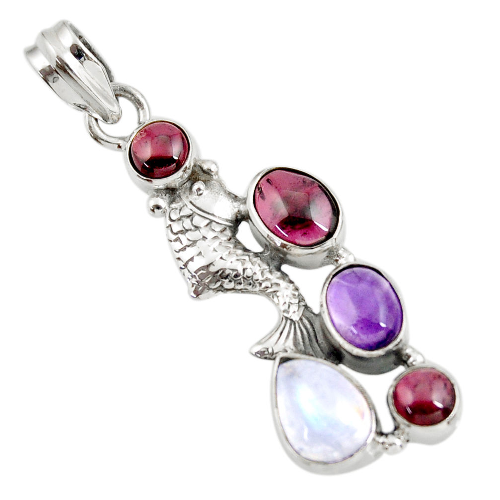 925 sterling silver 7.36cts natural red moonstone amethyst fish pendant d39456