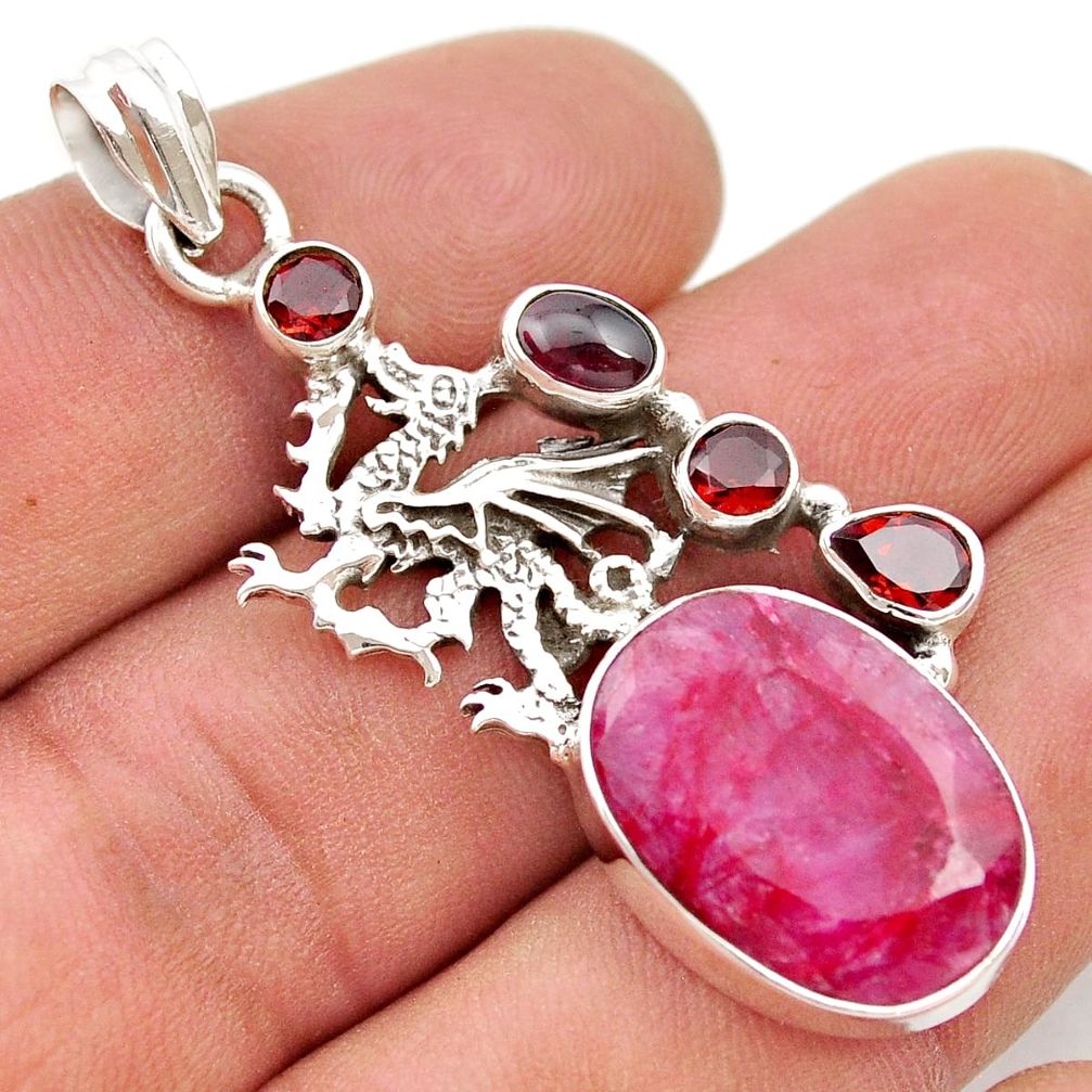 925 sterling silver 16.32cts natural red ruby garnet dragon pendant d48289