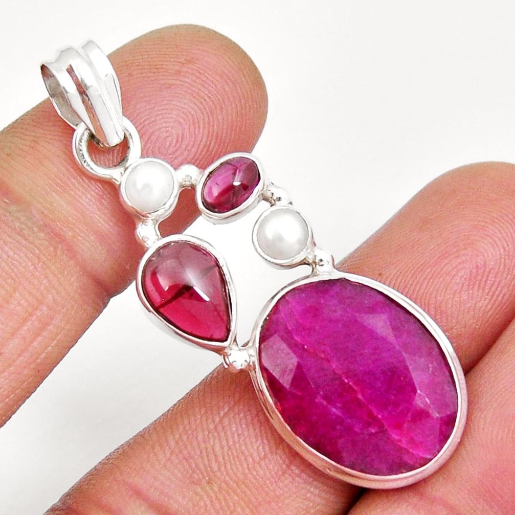 925 sterling silver 16.87cts natural red ruby garnet pearl pendant jewelry y5827