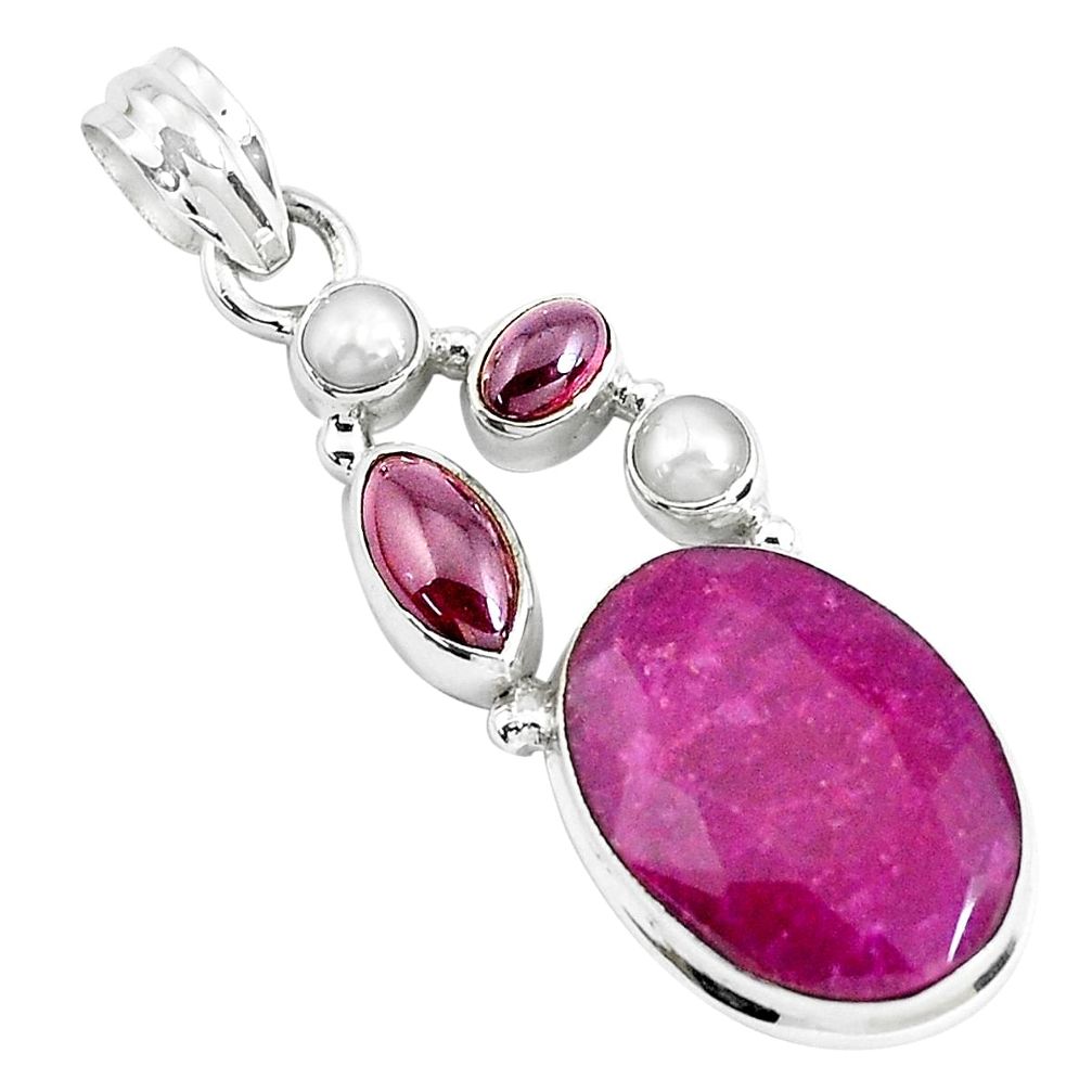 925 sterling silver 16.17cts natural red ruby garnet pearl pendant p49386