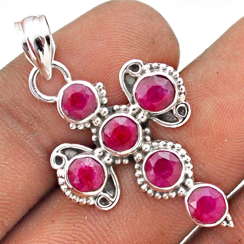 925 sterling silver 5.10cts natural red ruby holy cross pendant jewelry t85884