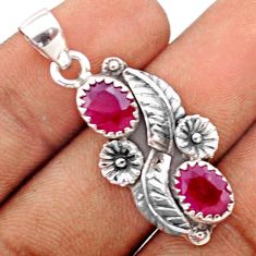 925 sterling silver 4.02cts natural red ruby oval flower pendant jewelry t79951