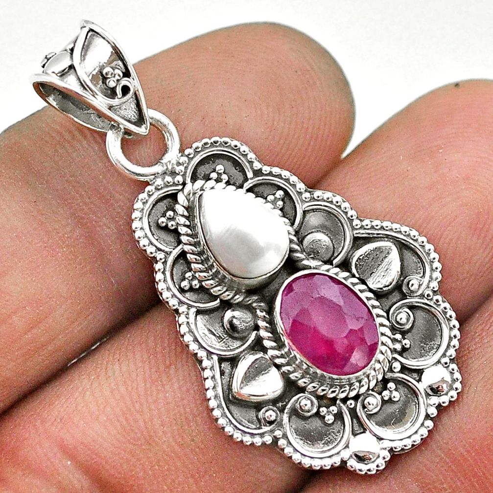 925 sterling silver 3.37cts natural red ruby oval pearl pendant jewelry t69638