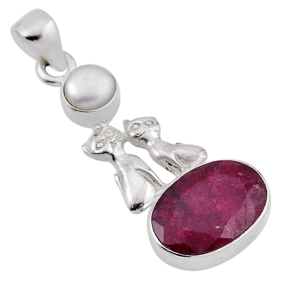 925 sterling silver 5.80cts natural red ruby oval pearl two cats pendant n34533