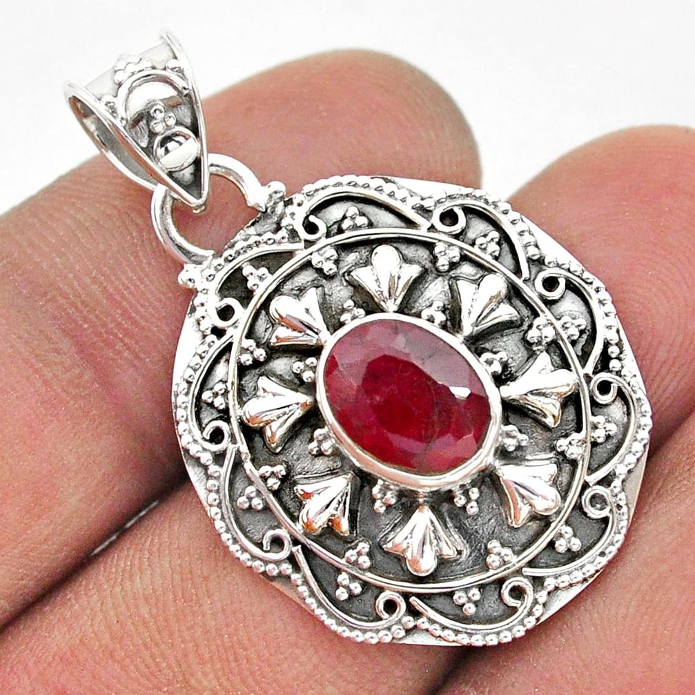 925 sterling silver 3.28cts natural red ruby oval pendant jewelry t42960