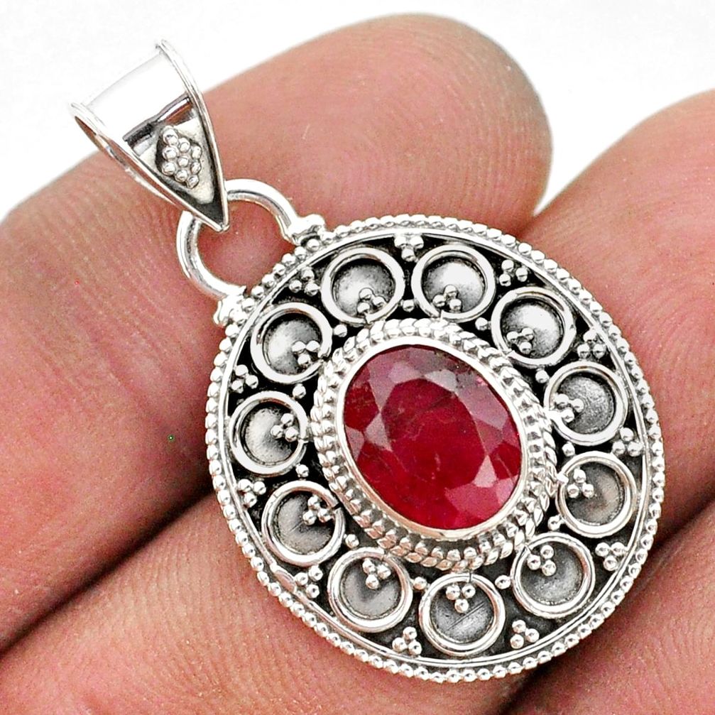 925 sterling silver 3.09cts natural red ruby oval pendant jewelry t42978