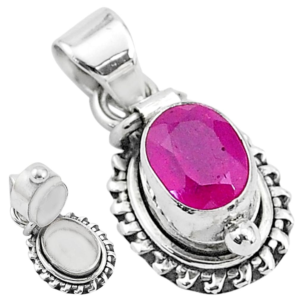 925 sterling silver 1.89cts natural red ruby oval poison box pendant t3778