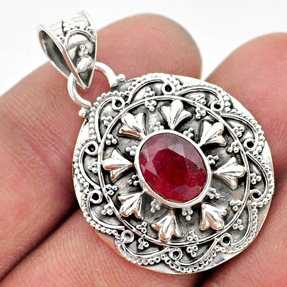 925 sterling silver 3.14cts natural red ruby oval shape pendant jewelry t42956