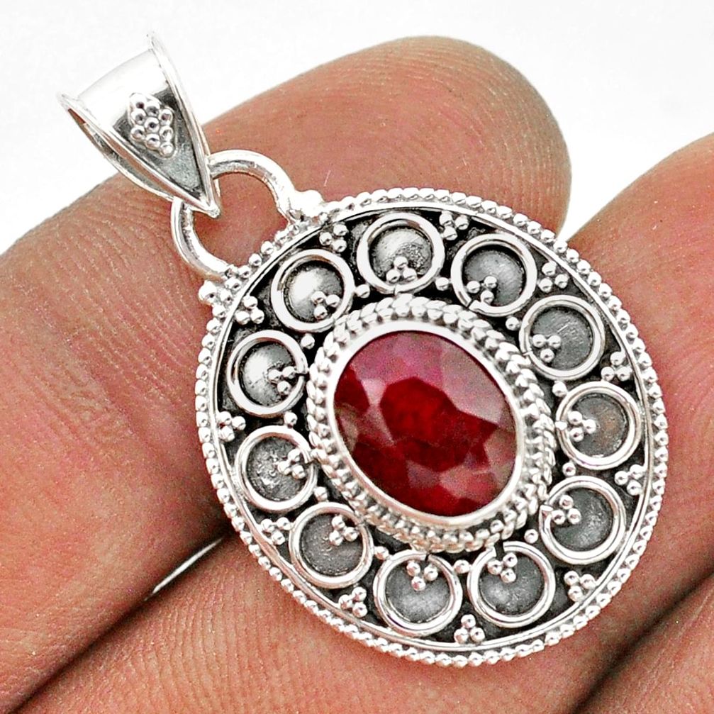 925 sterling silver 3.00cts natural red ruby oval shape pendant jewelry t42976