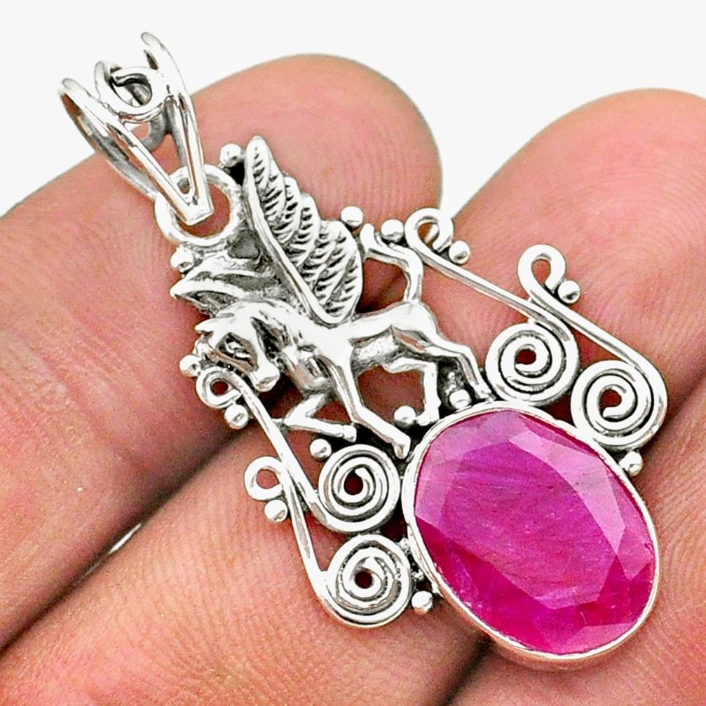 925 sterling silver 6.32cts natural red ruby oval unicorn pendant jewelry t40806