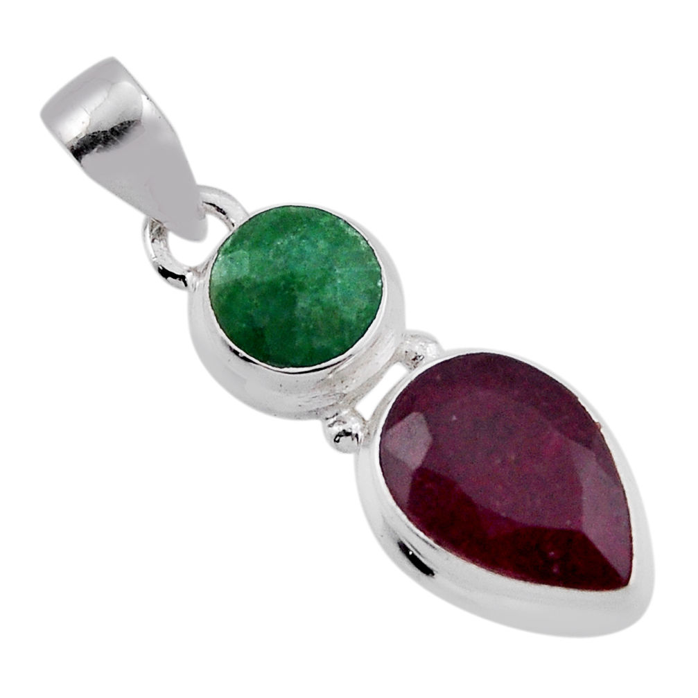 925 sterling silver 4.71cts natural red ruby pear emerald pendant jewelry n38956