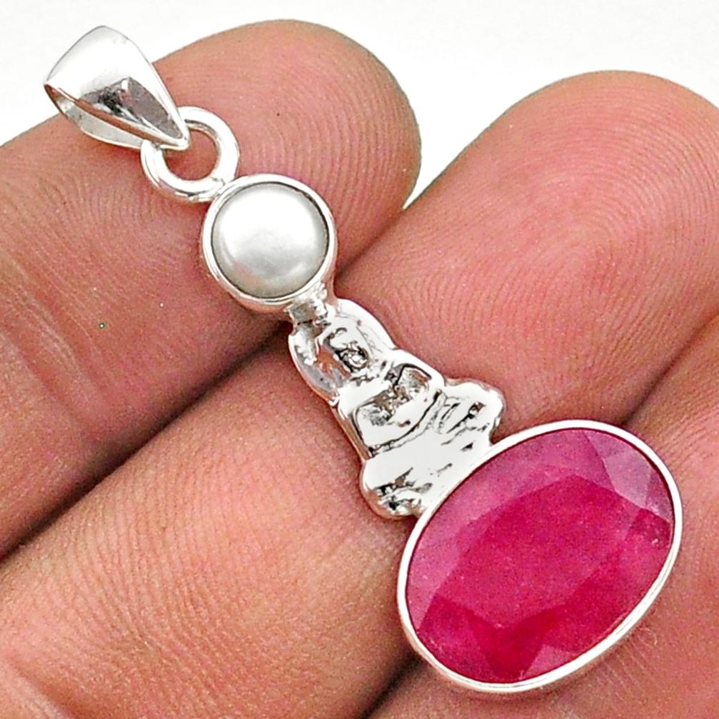 925 sterling silver 6.45cts natural red ruby pearl buddha charm pendant t73909