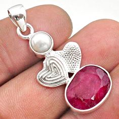 Valentine Gift 925 sterling silver 6.72cts natural red ruby pearl couple hearts pendant t73948