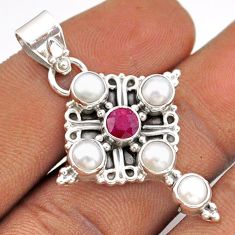 925 sterling silver 5.53cts natural red ruby pearl holy cross pendant t92394