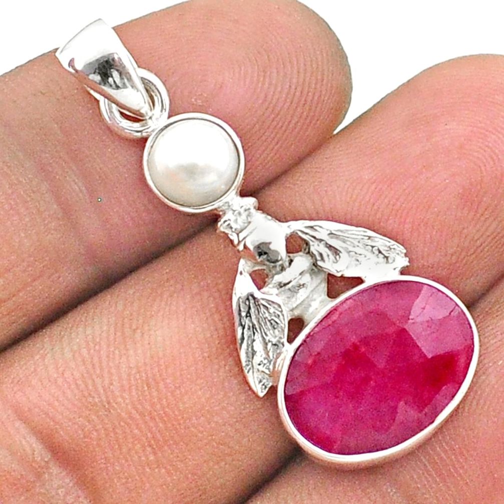925 sterling silver 6.07cts natural red ruby pearl honey bee pendant t73884