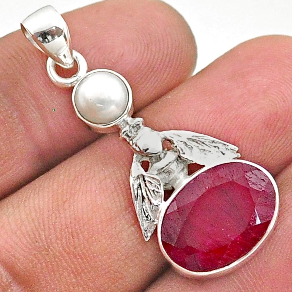 925 sterling silver 6.39cts natural red ruby pearl honey bee pendant t73912