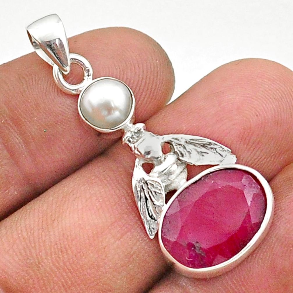 925 sterling silver 7.50cts natural red ruby pearl honey bee pendant t73927