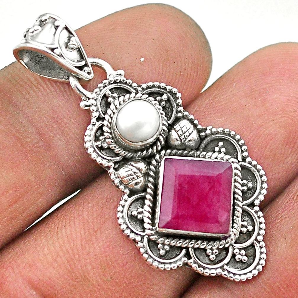 925 sterling silver 4.07cts natural red ruby pearl pendant jewelry t69553