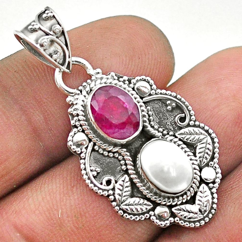 925 sterling silver 4.47cts natural red ruby pearl pendant jewelry t69600