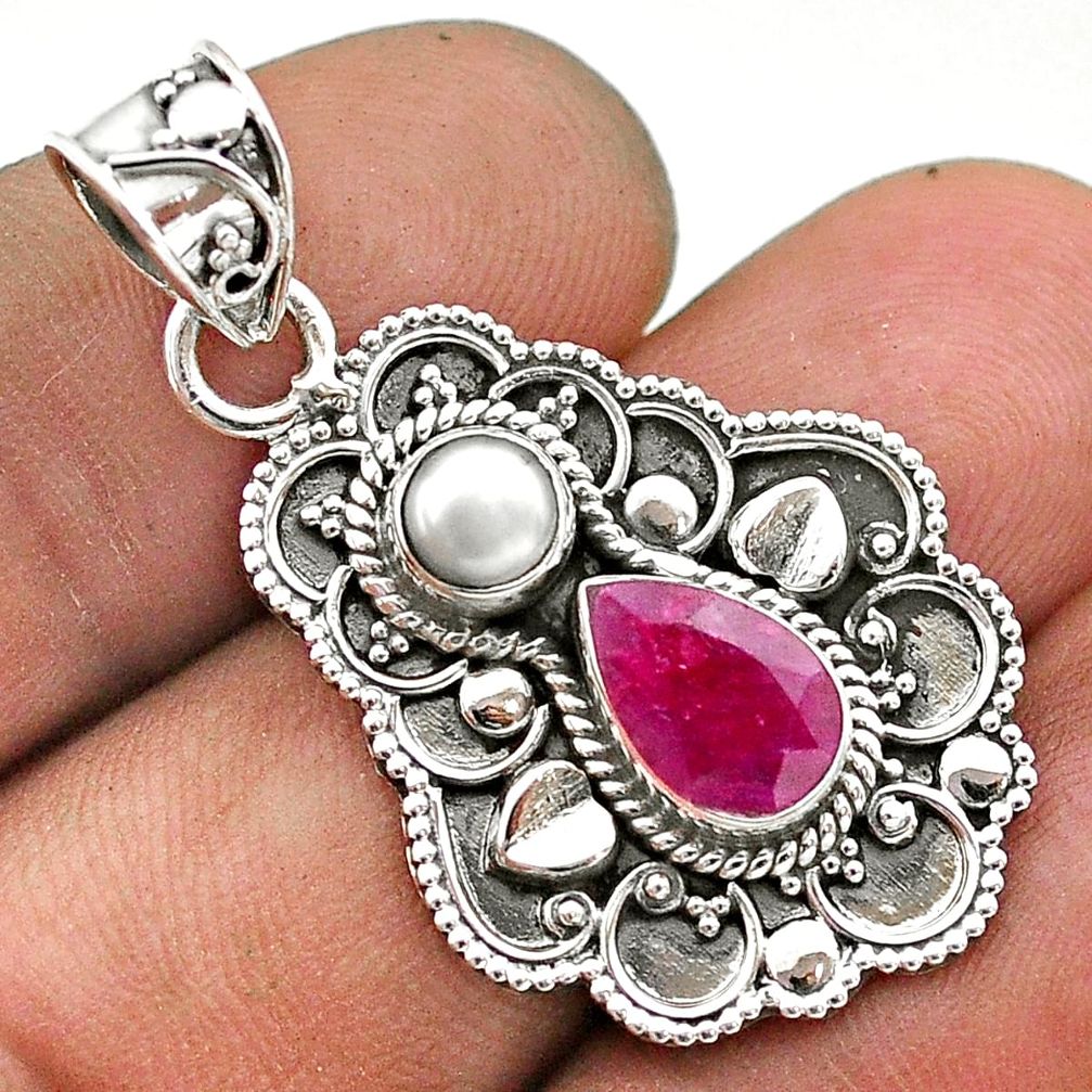 925 sterling silver 3.39cts natural red ruby pearl pendant jewelry t69635