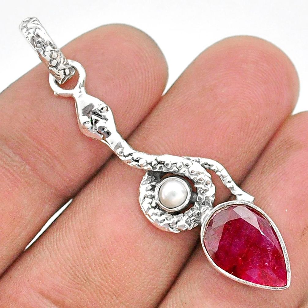 925 sterling silver 5.63cts natural red ruby pearl snake pendant jewelry t35672
