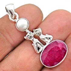 925 sterling silver 6.43cts natural red ruby pearl two cats pendant t73889